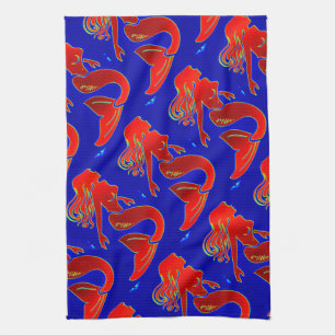red pin-up mermaids tea towel