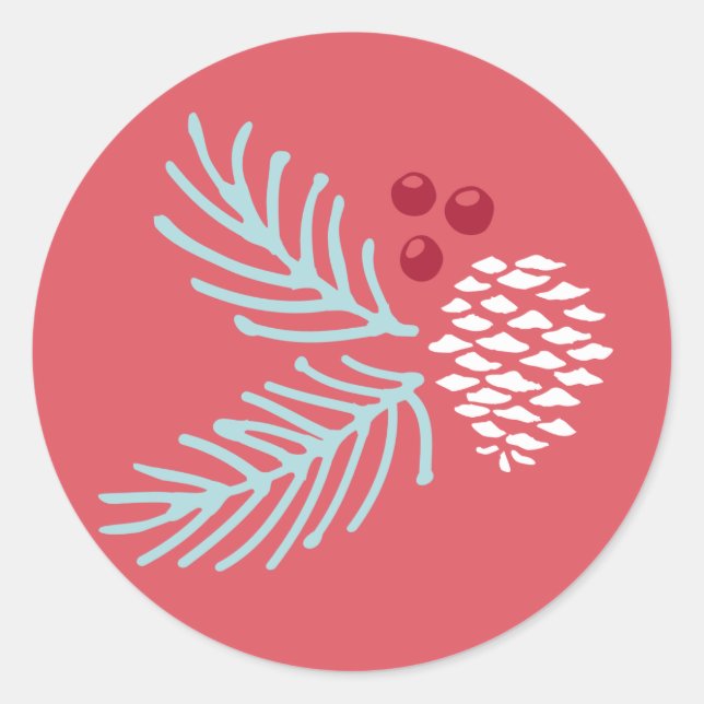 Red Pine and Berry Classic Round Holiday Sticker (Front)