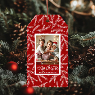 Red Pine Branch Merry Christmas Photo Holiday Gift Tags
