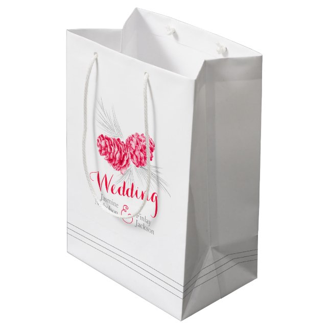 Red pine cone drawing wedding favour gift bag (Back Angled)