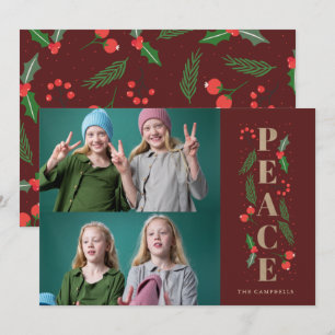 Red Pine Holly Berries Gold Peace Multiple Photo Holiday Card