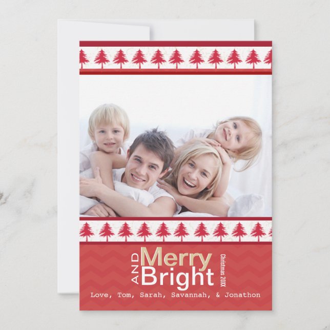 Red Pine Tree Merry and Bright Family Photo Card (Front)