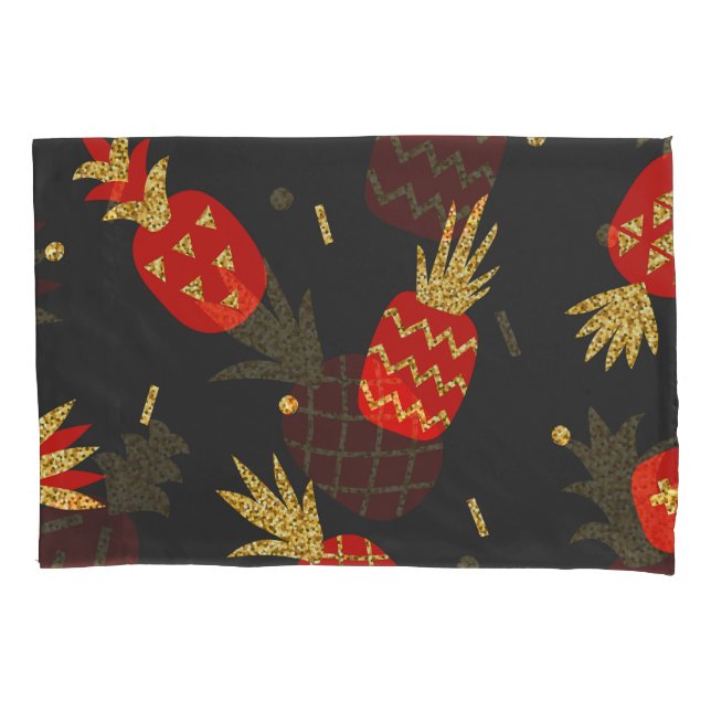 Red pineapple, glitter, black background. pillowcase (Front)