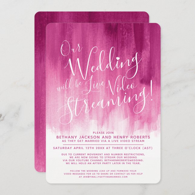 Red pink abstract art live streaming wedding invitation (Front/Back)