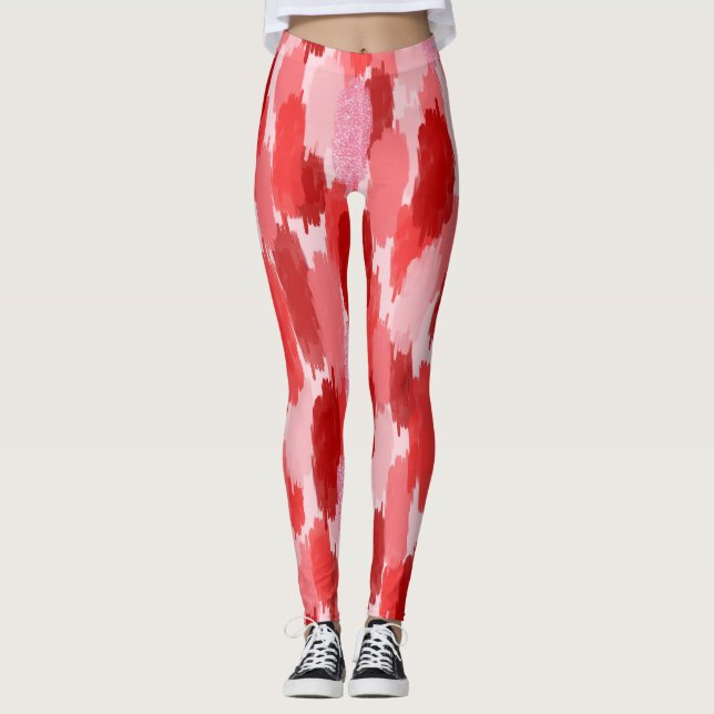 Red Pink Abstract Brushstrokes Pattern Leggings (Front)