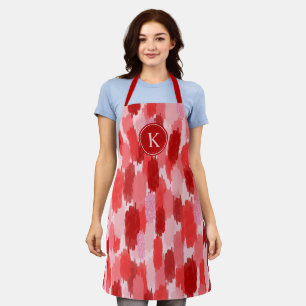 Red Pink Abstract Brushstrokes Pattern Monogram Apron