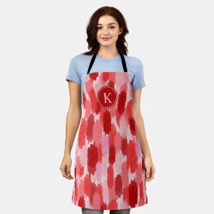 Red Pink Abstract Brushstrokes Pattern Monogram Apron