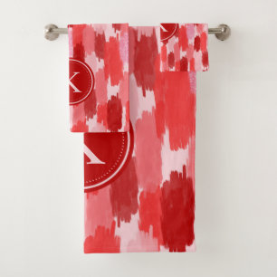 Red Pink Abstract Brushstrokes Pattern Monogram Bath Towel Set