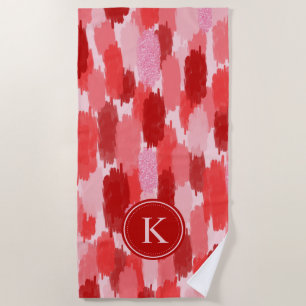 Red Pink Abstract Brushstrokes Pattern Monogram  Beach Towel