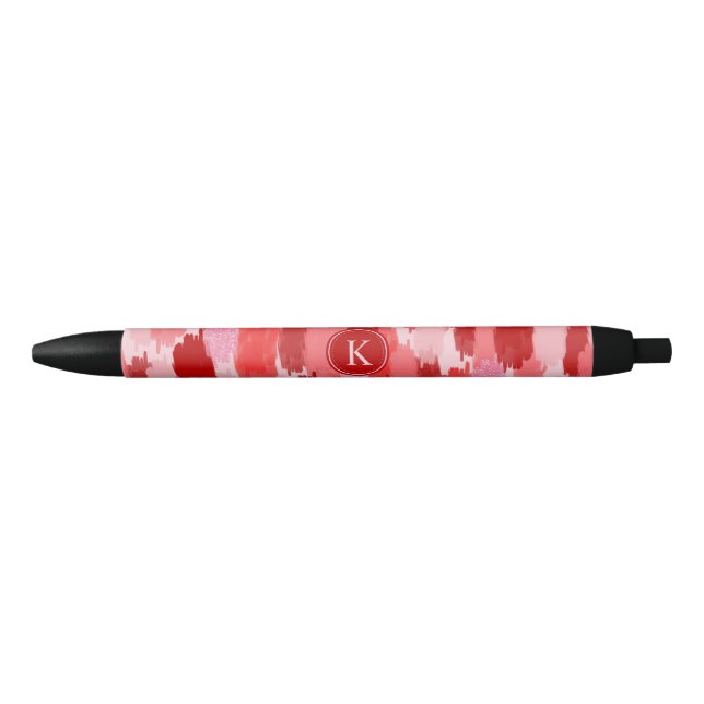 Red Pink Abstract Brushstrokes Pattern Monogram  Black Ink Pen (Front)