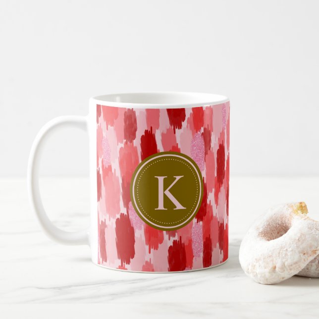 Red Pink Abstract Brushstrokes Pattern Monogram Coffee Mug (With Donut)
