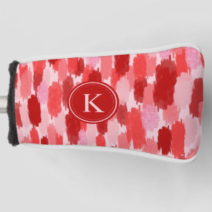 Red Pink Abstract Brushstrokes Pattern Monogram  Golf Head Cover