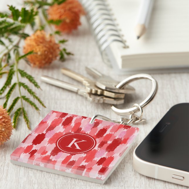 Red Pink Abstract Brushstrokes Pattern Monogram  Key Ring (Front Right)