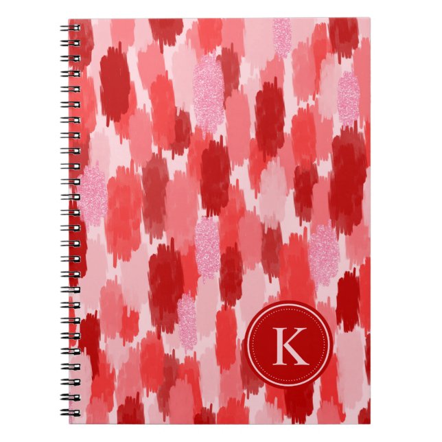 Red Pink Abstract Brushstrokes Pattern Monogram Notebook (Front)