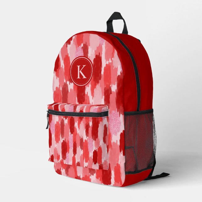 Red Pink Abstract Brushstrokes Pattern Monogram  Printed Backpack (Back Corner Right)