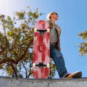 Red Pink Abstract Brushstrokes Pattern Monogram Skateboard