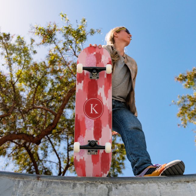 Red Pink Abstract Brushstrokes Pattern Monogram Skateboard (Outdoor 1)