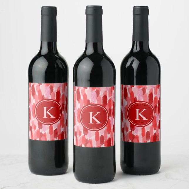 Red Pink Abstract Brushstrokes Pattern Monogram  Wine Label (Bottles)