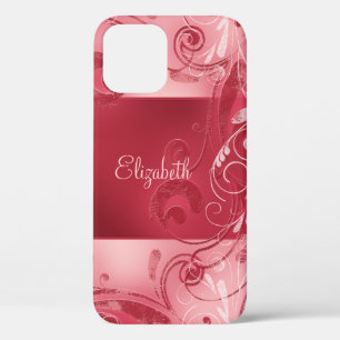 Red Pink Abstract Floral Custom Name iPhone 12 Case