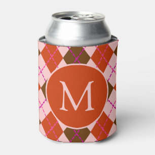 Red Pink and Brown Argyle Pattern Monogram Can Cooler