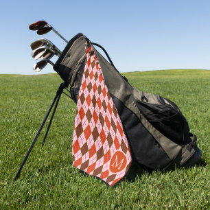 Red Pink and Brown Argyle Pattern Monogram Golf Towel