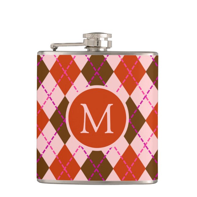 Red Pink and Brown Argyle Pattern Monogram Hip Flask (Front)