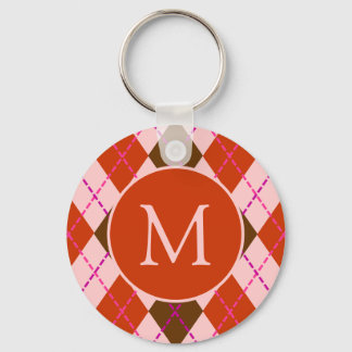 Red Pink and Brown Argyle Pattern Monogram Key Ring