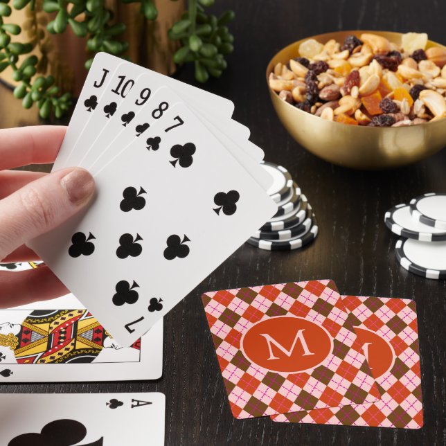 Red Pink and Brown Argyle Pattern Monogram Playing Cards (In Situ)