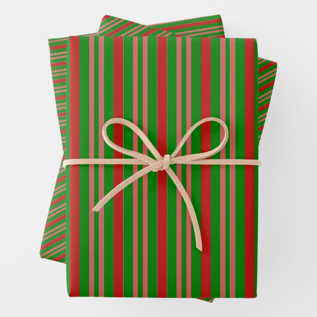 Red, Pink and Green Candy Cane Striped Wrapping Paper Sheet (In situ)