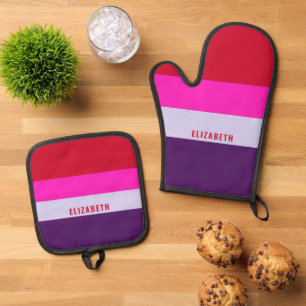 Red, Pink and Purple Stripes Pattern Personalised Oven Mitt & Pot Holder Set