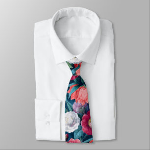 Red, Pink and White Peony and Lily Flowers Tie