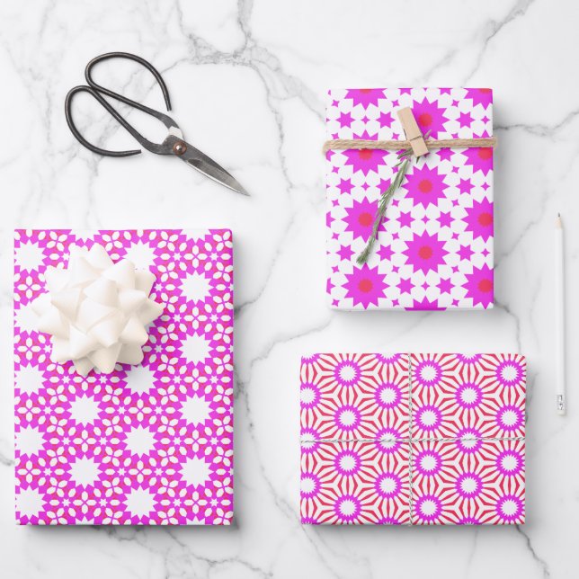 Red, Pink and White Stars Wrapping Paper Sheet (Front)