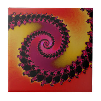 Red Pink and Yellow Sunrise Spiral Fractal Tile