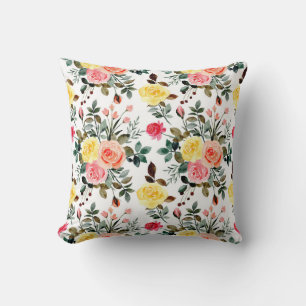 Red Pink and yellow watercolor rose Cushion