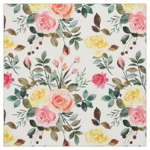 Red Pink and yellow watercolor rose Fabric
