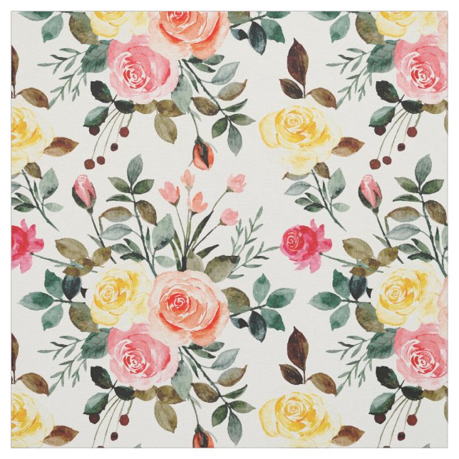 Red Pink and yellow watercolor rose Fabric (Swatch)