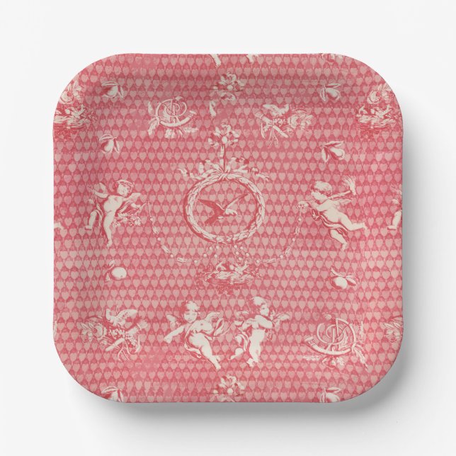Red Pink Antique Cupid Angels and Hearts Paper Plate (Front)