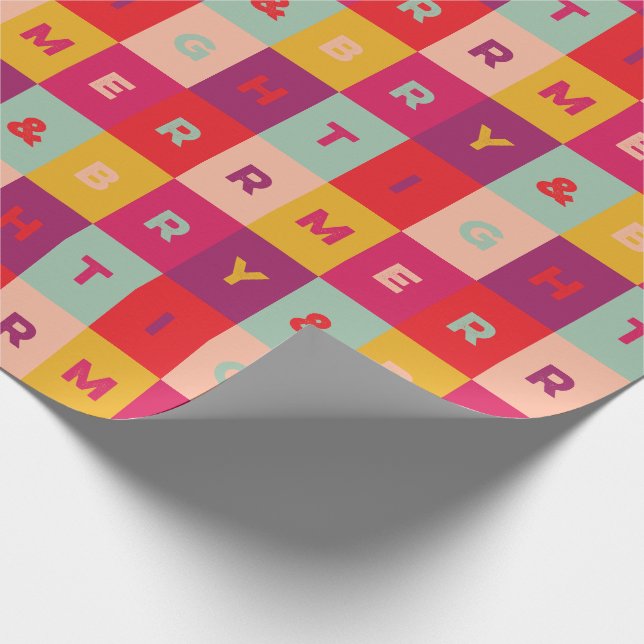 Red Pink Aqua Yellow Merry and Bright Checkers Wrapping Paper (Corner)