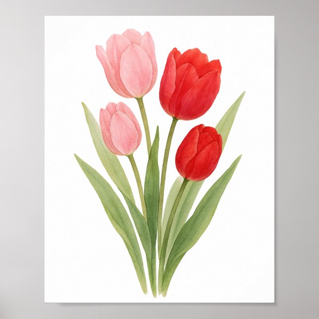 Red Pink Beautiful Tulips Painting Floral Wall Art (Front)