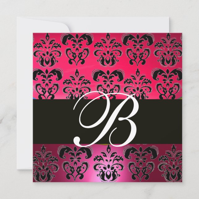 RED PINK BLACK DAMASK MONOGRAM fuchsia white Invitation (Front)
