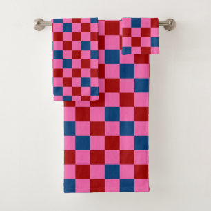 Red Pink Blue Chequered Pattern Design Bath Towel Set