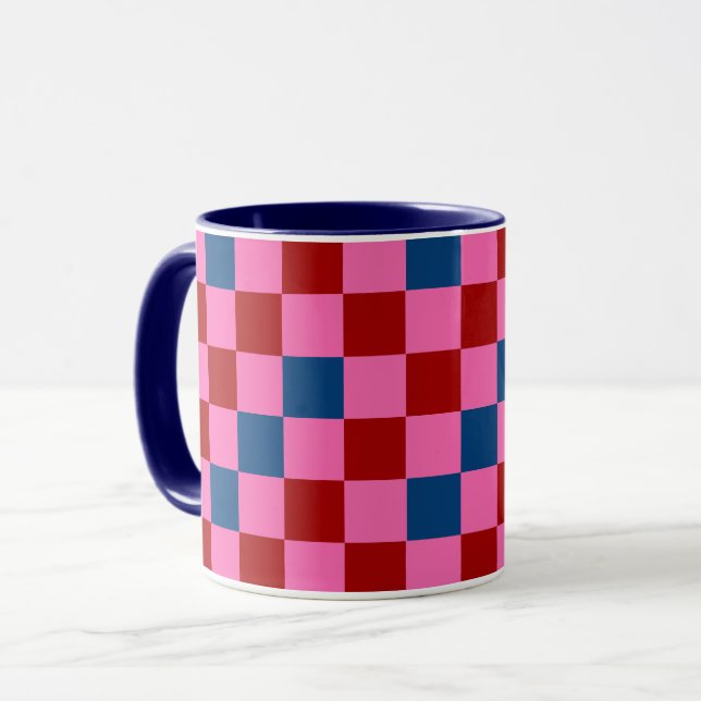 Red Pink Blue Chequered Pattern Design  Mug (Front Left)