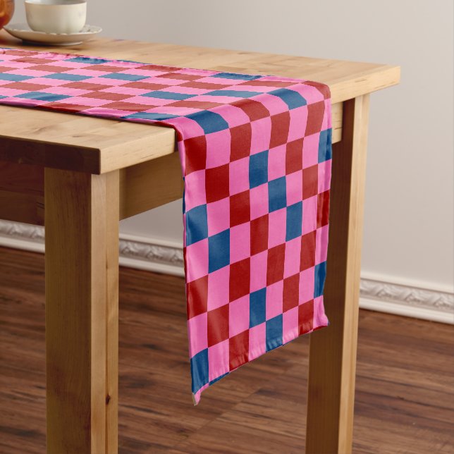 Red Pink Blue Chequered Pattern Design  Short Table Runner (In Situ)
