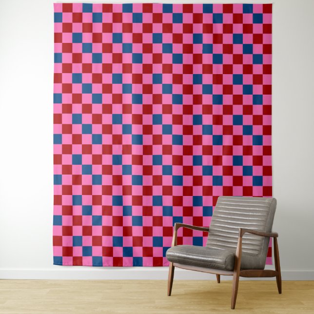 Red Pink Blue Chequered Pattern Design  Tapestry (In Situ)