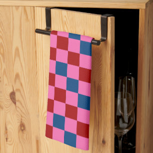 Red Pink Blue Chequered Pattern Design Tea Towel