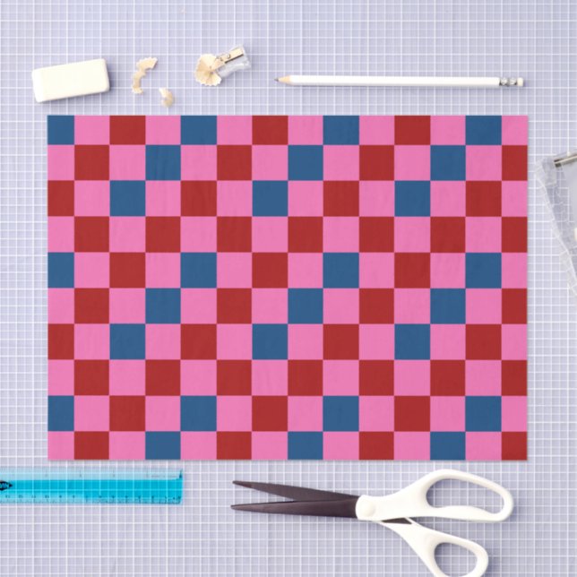 Red Pink Blue Chequered Pattern Design  Tissue Paper (Craft)