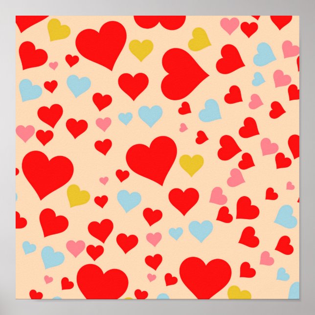 Red Pink Blue Colourful Simple Heart Y2K Pattern Poster (Front)