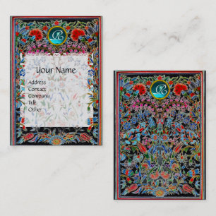 RED PINK BLUE ORIENTAL FLOWERS DAMASK MONOGRAM BUSINESS CARD