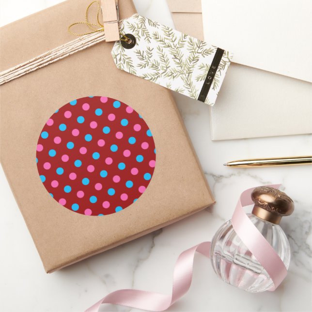 Red Pink Blue Polka Dot Pattern Classic Round Sticker (Gifting)
