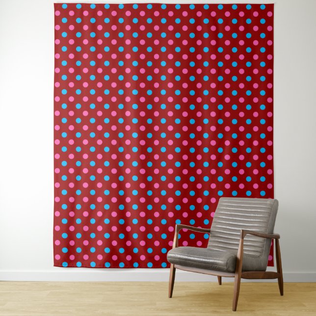 Red Pink Blue Polka Dot Pattern Tapestry (In Situ)